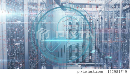 Displaying server racks with multicolored LED lights in data aisle, with holographic heart icon Displaying server racks with multicolored LED lights in data aisle, with holographic heart icon 132981749