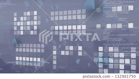 Displaying cluster of translucent grid panels overlaying blurred dusk skyline, with code and charts 132981750