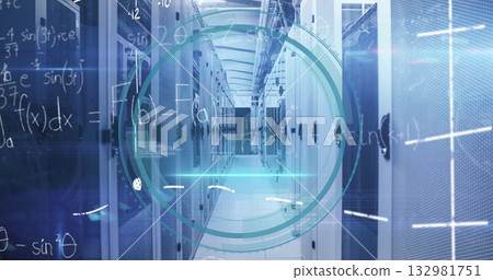 Illuminating data center corridor showing LED lights, servers, network cabling and HUD overlays 132981751