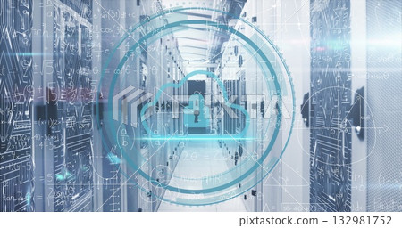 Floating digital cloud security icon overlaying data center corridor with server racks 132981752