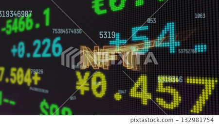 Displaying 3D gold NFT text over digital ticker board, with dot-matrix data and currency symbols Displaying 3D gold NFT text over digital ticker board, with dot-matrix data and currency symbols 132981754