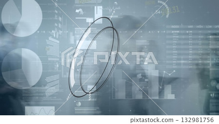 Displaying data dashboard showing 3D ring with numeric labels in data-analysis display, pie charts 132981756