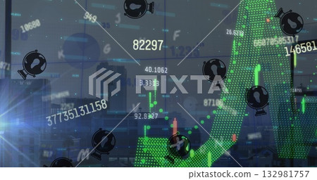 Displaying green dotted arrow over city skyline at dusk, with candlestick bars and financial values 132981757