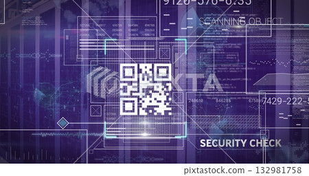 Displaying security UI featuring QR code scanning brackets, data streams, text labels and gridlines 132981758