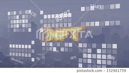 Floating golden wireframe NFT hovering over skyline at dusk with translucent grids and numeric data 132981759
