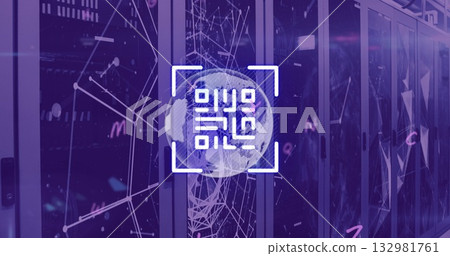 Displaying digital globe rotating in data center aisle, with server racks and scanning square frame Displaying digital globe rotating in data center aisle, with server racks and scanning square frame 132981761