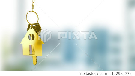 Showing gold house-shaped keychain with keys on chain and ring against blurred facade, copy space 132981775
