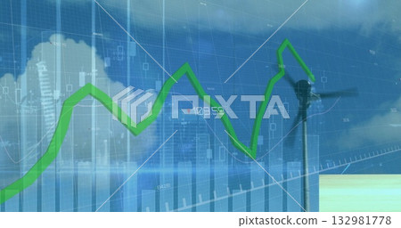 Rotating wind turbine in grid with green line graph candlestick bar charts, 109 132981778