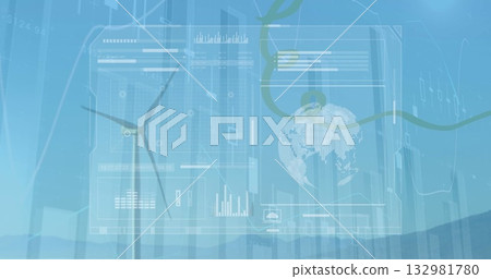 Wind turbine standing in wind farm near mountain ridge, with globe and charts overlay, copy space Wind turbine standing in wind farm near mountain ridge, with globe and charts overlay, copy space 132981780