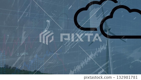 Black outline cloud icons floating above wind turbine on green hill, with financial chart overlays Black outline cloud icons floating above wind turbine on green hill, with financial chart overlays 132981781