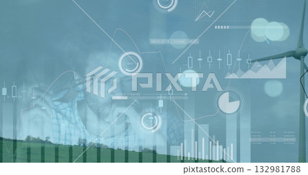 Pondering man wearing shirt studying charts over rural windfarm, with turbine and data overlays 132981788