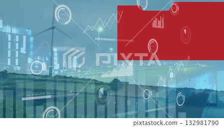 Displaying wind turbine overlaying dashboards at wind farm, with charts, HUD readouts, red UI panel 132981790