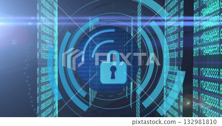 Displaying cyan padlock icon glowing in digital UI, with rings, arcs, binary panels, flare accents Displaying cyan padlock icon glowing in digital UI, with rings, arcs, binary panels, flare accents 132981810