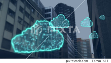 Neon-blue holographic cloud icons drifting among towers in downtown district, computing theme 132981811
