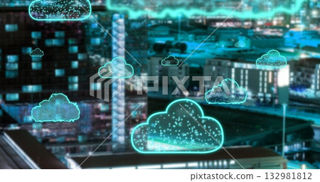 Displaying glowing blue cloud cluster hovering above nighttime city skyline, with cyan waveform 132981812