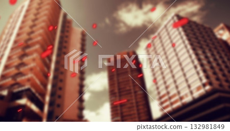 Showing cluster of three skyscrapers rising in downtown street canyon, with glowing red particles 132981849