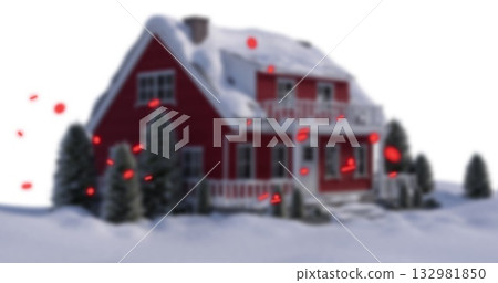 Standing red two-story house in snow with pines in rural winter, with red glowing particles Standing red two-story house in snow with pines in rural winter, with red glowing particles 132981850