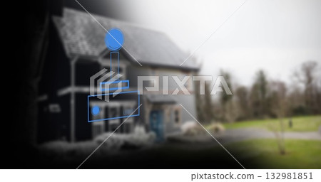Sitting two-story suburban house in front yard with paved pathway, transparent blue overlay shapes Sitting two-story suburban house in front yard with paved pathway, transparent blue overlay shapes 132981851