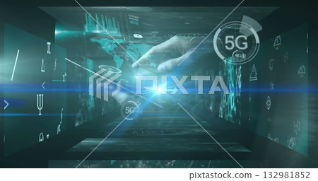 Hands holding tablet projecting holographic 5G icon, world map, bar charts and data in tunnel 132981852