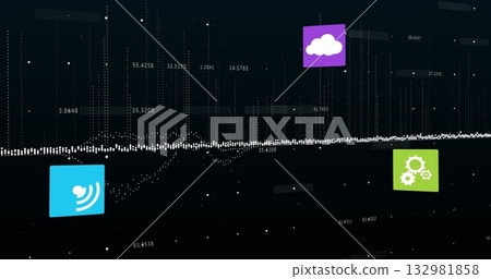 Displaying white dotted waveform spanning dark panel, with icons, dot clusters and numeric labels Displaying white dotted waveform spanning dark panel, with icons, dot clusters and numeric labels 132981858