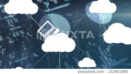 Displaying white cloud with laptop connecting lines in network, with world maps and percent labels 132981860