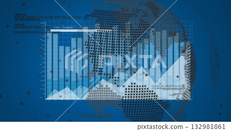 Displaying data visualization over blue dashboard, with dotted globe, data points and axis labels 132981861