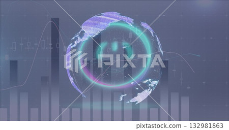 Floating stylized holographic globe displaying data in dashboard, with neon rings and data charts 132981863
