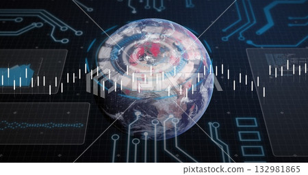 Displaying 3D Earth rippling rings on grid interface, with waveform, circuit traces, UI outlines 132981865