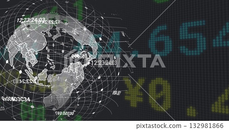 Rotating map-outlined wireframe globe on virtual screen, floating timecodes, hex codes, ¥ values Rotating map-outlined wireframe globe on virtual screen, floating timecodes, hex codes, ¥ values 132981866