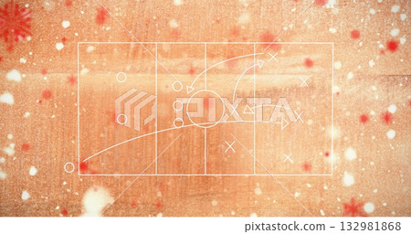 Displaying chalk-like court diagram with circles, crosses, arrows on wood, red snowflake motifs 132981868
