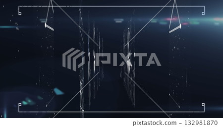 Digital interface displaying glitch panels, with white corner brackets, light streaks and noise Digital interface displaying glitch panels, with white corner brackets, light streaks and noise 132981870