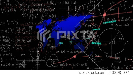 Displaying blue world map silhouette on digital board, showing handwritten equations and graphs Displaying blue world map silhouette on digital board, showing handwritten equations and graphs 132981875