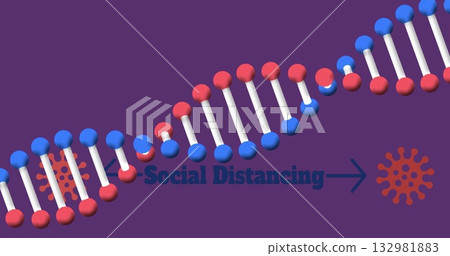 Showing DNA double helix twisting on purple field, with Social Distancing text arrow to virus icon 132981883
