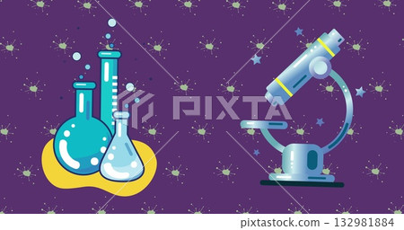 Showing stylized science icons glowing on purple backdrop, with lab flasks, bubbles and microscope 132981884