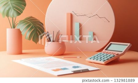 Workspace with pastel colors and modern design featuring a calculator, reports, and decorative plants Workspace with pastel colors and modern design featuring a calculator, reports, and decorative plants 132981889