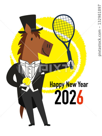 A vector illustration for the 2026 Year of the Horse New Year's card, depicting a stylish horse in a tailcoat and top hat playing tennis. A vector illustration for the 2026 Year of the Horse New Year's card, depicting a stylish horse in a tailcoat and top hat playing tennis. 132981897