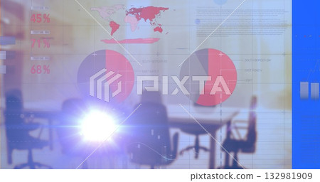 Casting projector beam illuminating conference table and chairs in meeting room with data overlays 132981909