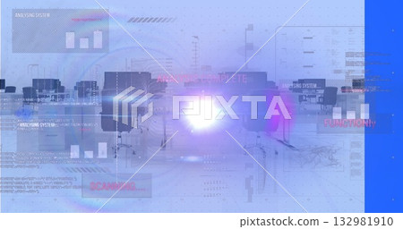 Emitting purple lens flare effect scanning futuristic office, with swivel chairs and UI overlays 132981910