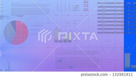 Digital dashboard showing charts and tables on purple blue gradient, with pie chart line bar charts Digital dashboard showing charts and tables on purple blue gradient, with pie chart line bar charts 132981911
