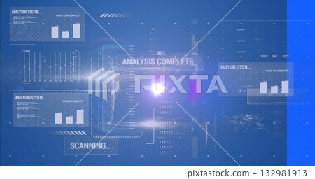 Holographic data interface displaying charts and status text labels in console, with glowing flare Holographic data interface displaying charts and status text labels in console, with glowing flare 132981913