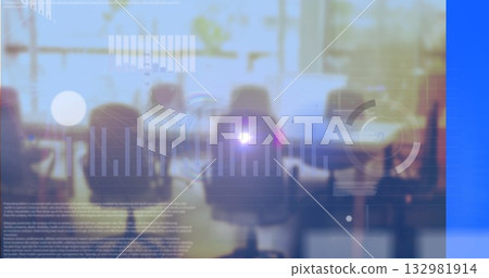Displaying empty swivel chairs surrounding table in conference room with floating UI overlays Displaying empty swivel chairs surrounding table in conference room with floating UI overlays 132981914