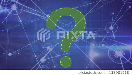 Floating green question mark symbol glowing in blue network interface, showing connected nodes 132981918