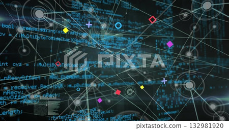 Displaying abstract digital network in data environment, with colored geometric nodes and code text 132981920