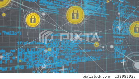 Displaying large yellow padlock icon hovering over grid environment, with white lines and blue code Displaying large yellow padlock icon hovering over grid environment, with white lines and blue code 132981925