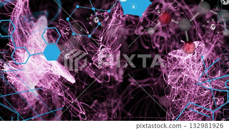 Displaying abstract digital network with purple filaments, blue hexagons, padlock and globe icons Displaying abstract digital network with purple filaments, blue hexagons, padlock and globe icons 132981926
