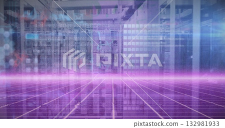 Glowing metallic server racks standing on purple neon grid floor, with floating code streams 132981933