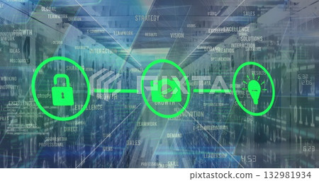 Displaying green camera icon over server room corridor with server racks floating buzzwords Displaying green camera icon over server room corridor with server racks floating buzzwords 132981934
