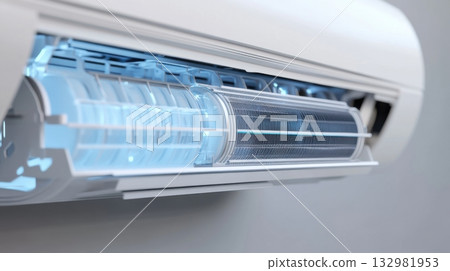 Innovative air conditioning unit with transparent features and blue light effect 132981953