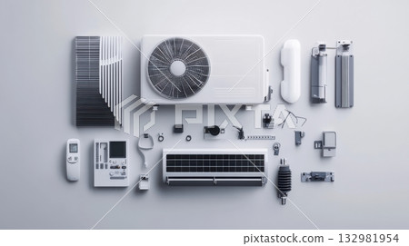 Various components and parts of an air conditioning system arranged on a light backdrop for maintenance and assembly Various components and parts of an air conditioning system arranged on a light backdrop for maintenance and assembly 132981954
