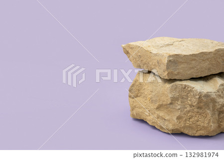 Stone podium for cosmetic, spa product presentation. Abstract minimal backdrop. Two rock form. Violet Studio Background. Scene to show. Showcase display case. 3D Front View. Trendy purple color. Space Stone podium for cosmetic, spa product presentation. Abstract minimal backdrop. Two rock form. Violet Studio Background. Scene to show. Showcase display case. 3D Front View. Trendy purple color. Space 132981974